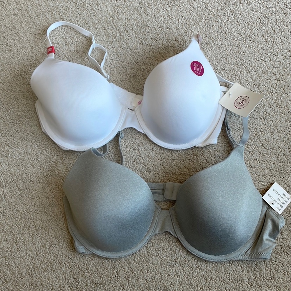 NWT double-pack bra size 36B, one white, one gray, underwire, lightly lined